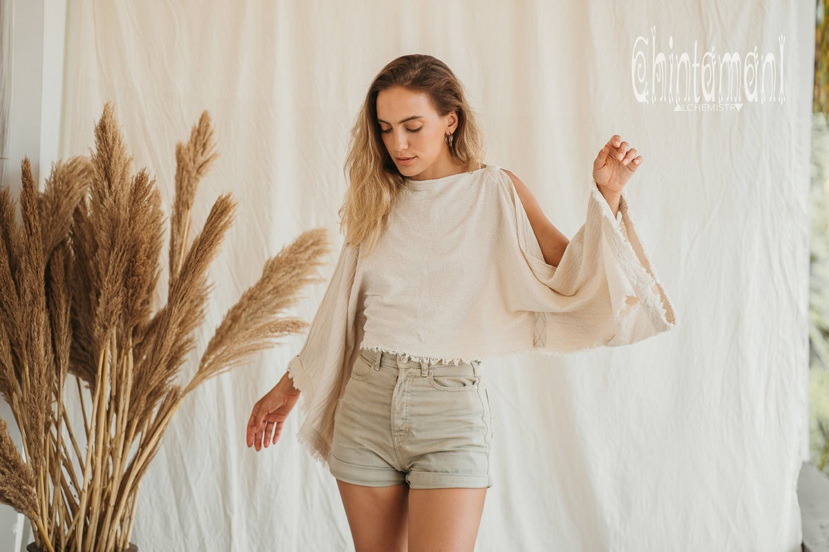 Raw Cotton Poncho Crop Top / Off White - ChintamaniAlchemi