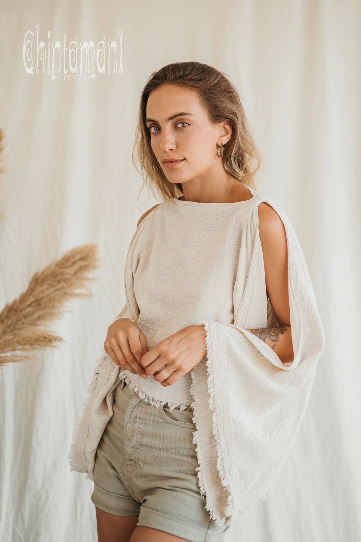 Raw Cotton Poncho Crop Top / Off White - ChintamaniAlchemi