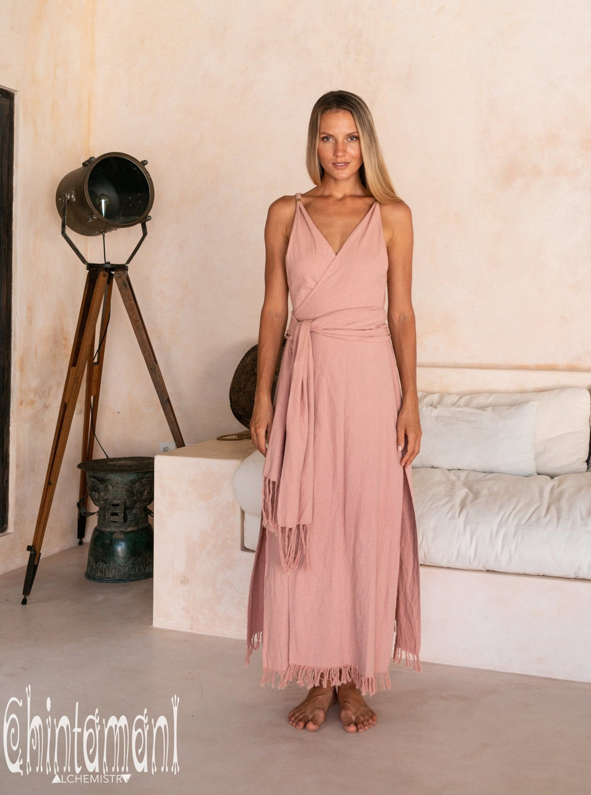 Raw Cotton Sleeveless Wrap Dress / Dusty Pink - ChintamaniAlchemi