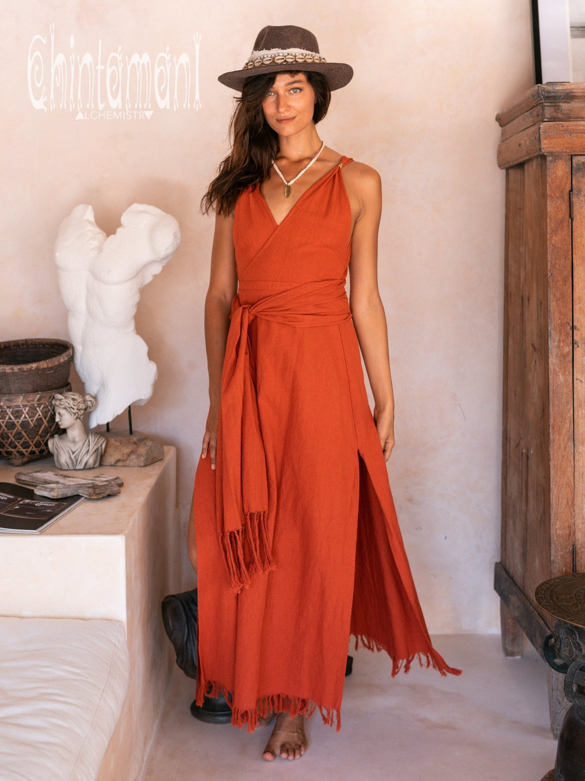 Raw Cotton Sleeveless Wrap Dress / Red Ochre - ChintamaniAlchemi