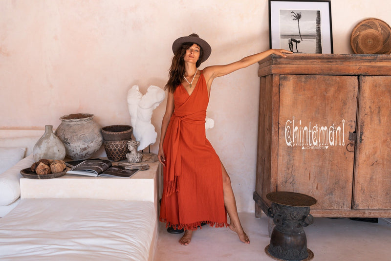 Raw Cotton Sleeveless Wrap Dress / Red Ochre - ChintamaniAlchemi