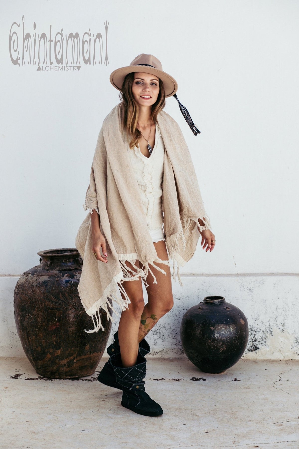 Raw Cotton Sleeves Shawl Cardigan / Boho Wrap Cloak / Beige - ChintamaniAlchemi