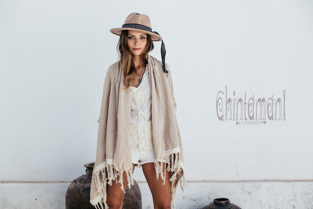 Raw Cotton Sleeves Shawl Cardigan / Boho Wrap Cloak / Beige - ChintamaniAlchemi