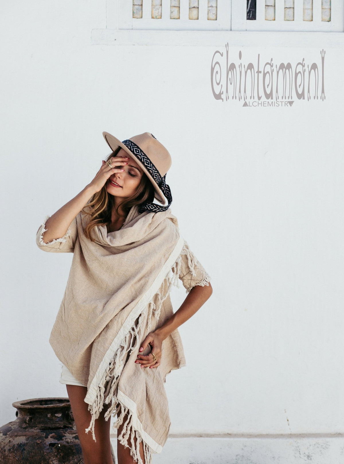 Raw Cotton Sleeves Shawl Cardigan / Boho Wrap Cloak / Beige - ChintamaniAlchemi