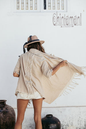 Raw Cotton Sleeves Shawl Cardigan / Boho Wrap Cloak / Beige - ChintamaniAlchemi