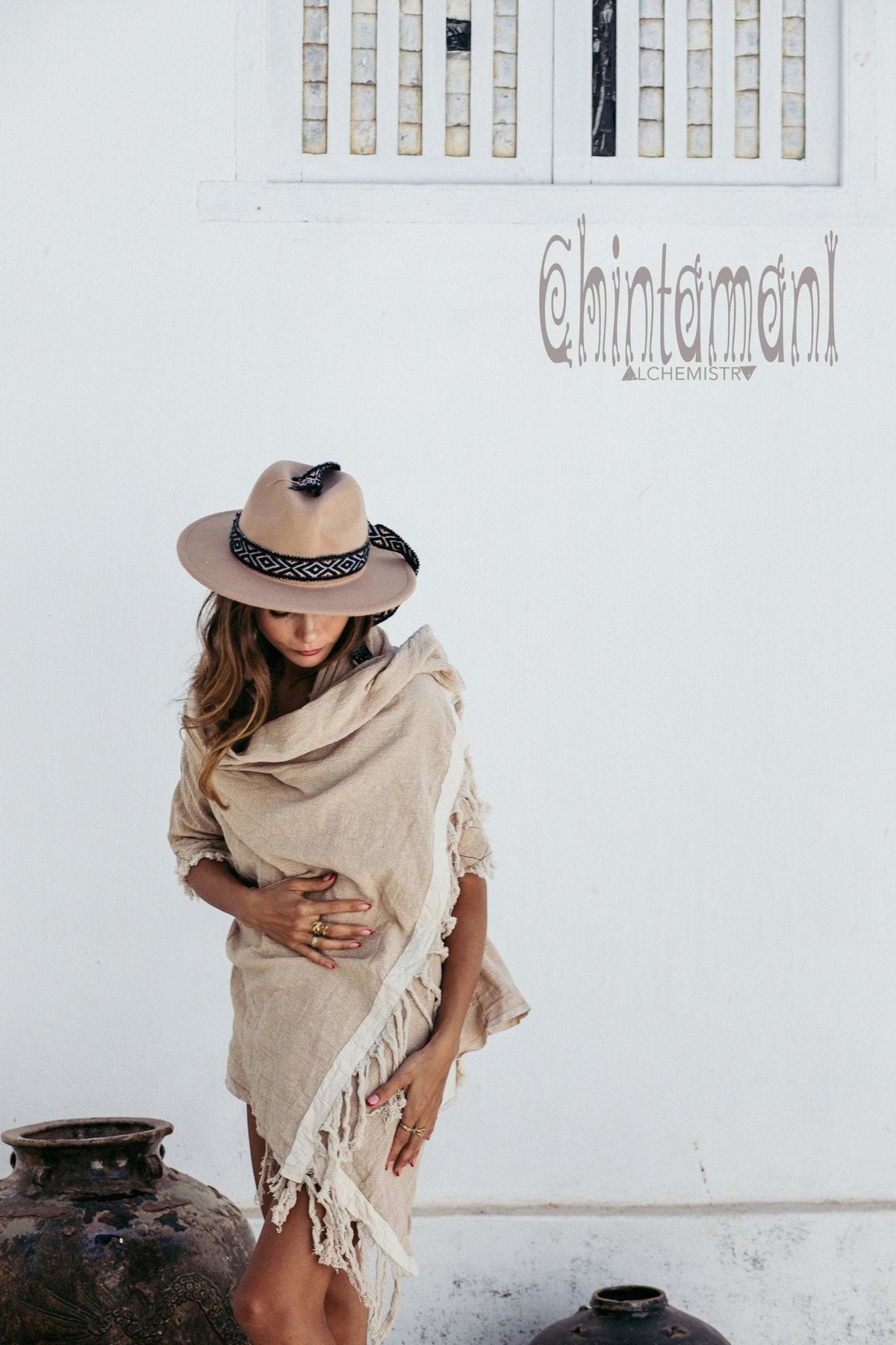 Raw Cotton Sleeves Shawl Cardigan / Boho Wrap Cloak / Beige - ChintamaniAlchemi