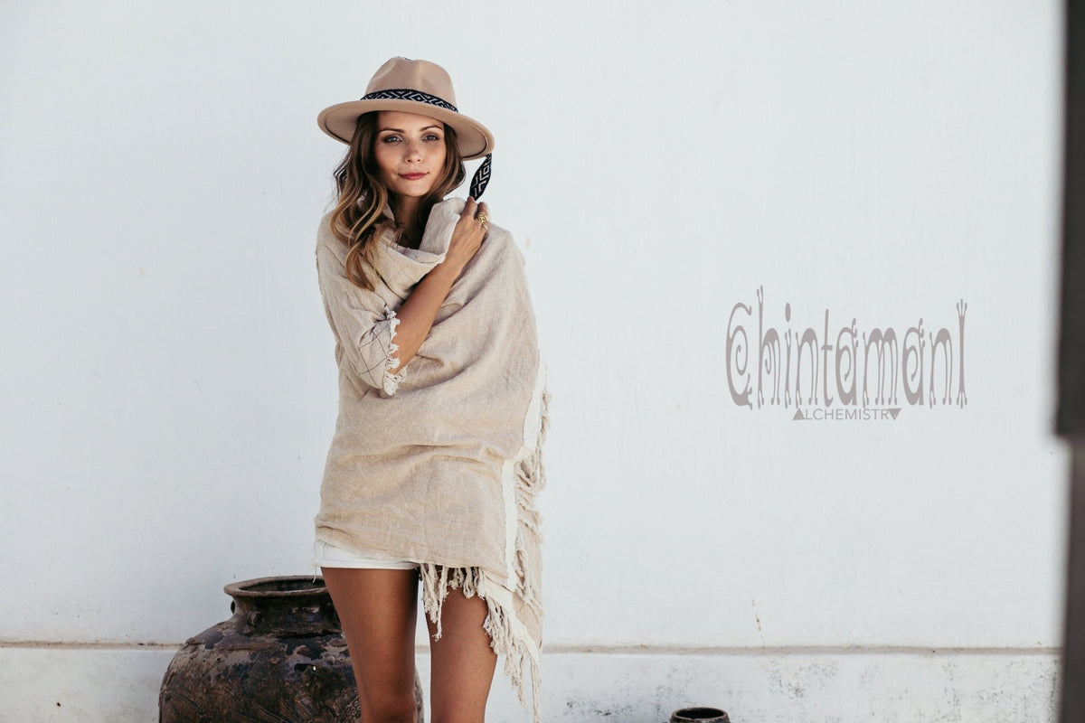 Raw Cotton Sleeves Shawl Cardigan / Boho Wrap Cloak / Beige - ChintamaniAlchemi