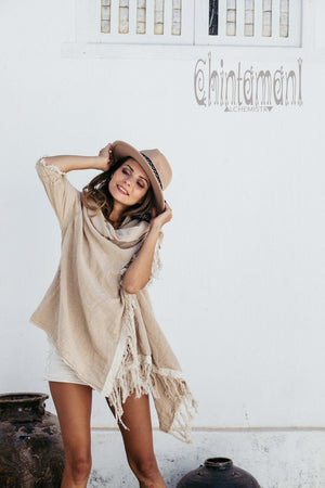Raw Cotton Sleeves Shawl Cardigan / Boho Wrap Cloak / Beige - ChintamaniAlchemi