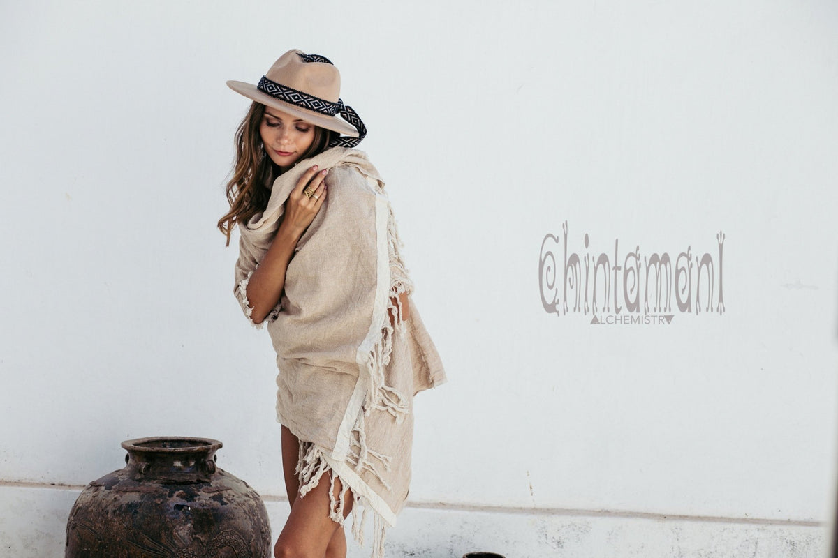 Raw Cotton Sleeves Shawl Cardigan / Boho Wrap Cloak / Beige - ChintamaniAlchemi