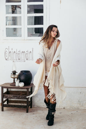 Raw Cotton Sleeves Shawl Cardigan / Boho Wrap Cloak / Off White - ChintamaniAlchemi