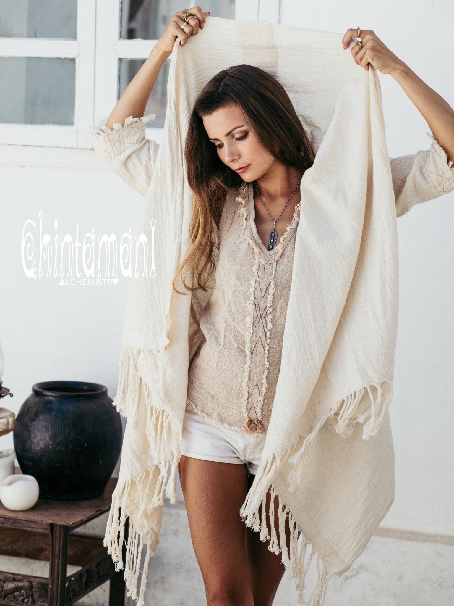 Raw Cotton Sleeves Shawl Cardigan / Boho Wrap Cloak / Off White - ChintamaniAlchemi