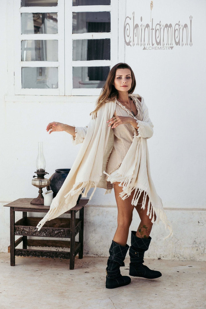 Raw Cotton Sleeves Shawl Cardigan / Boho Wrap Cloak / Off White - ChintamaniAlchemi