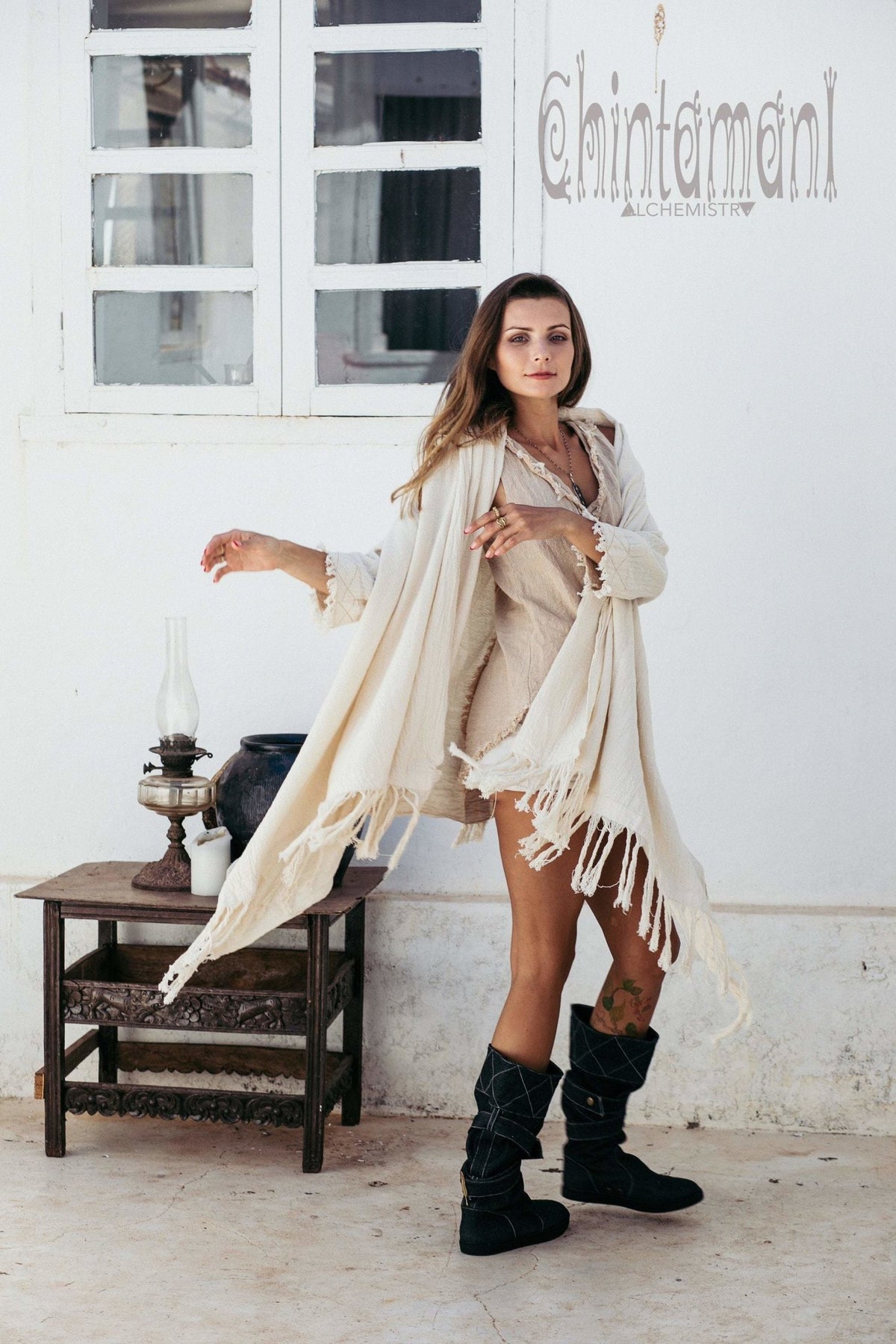 Raw Cotton Sleeves Shawl Cardigan / Boho Wrap Cloak / Off White - ChintamaniAlchemi