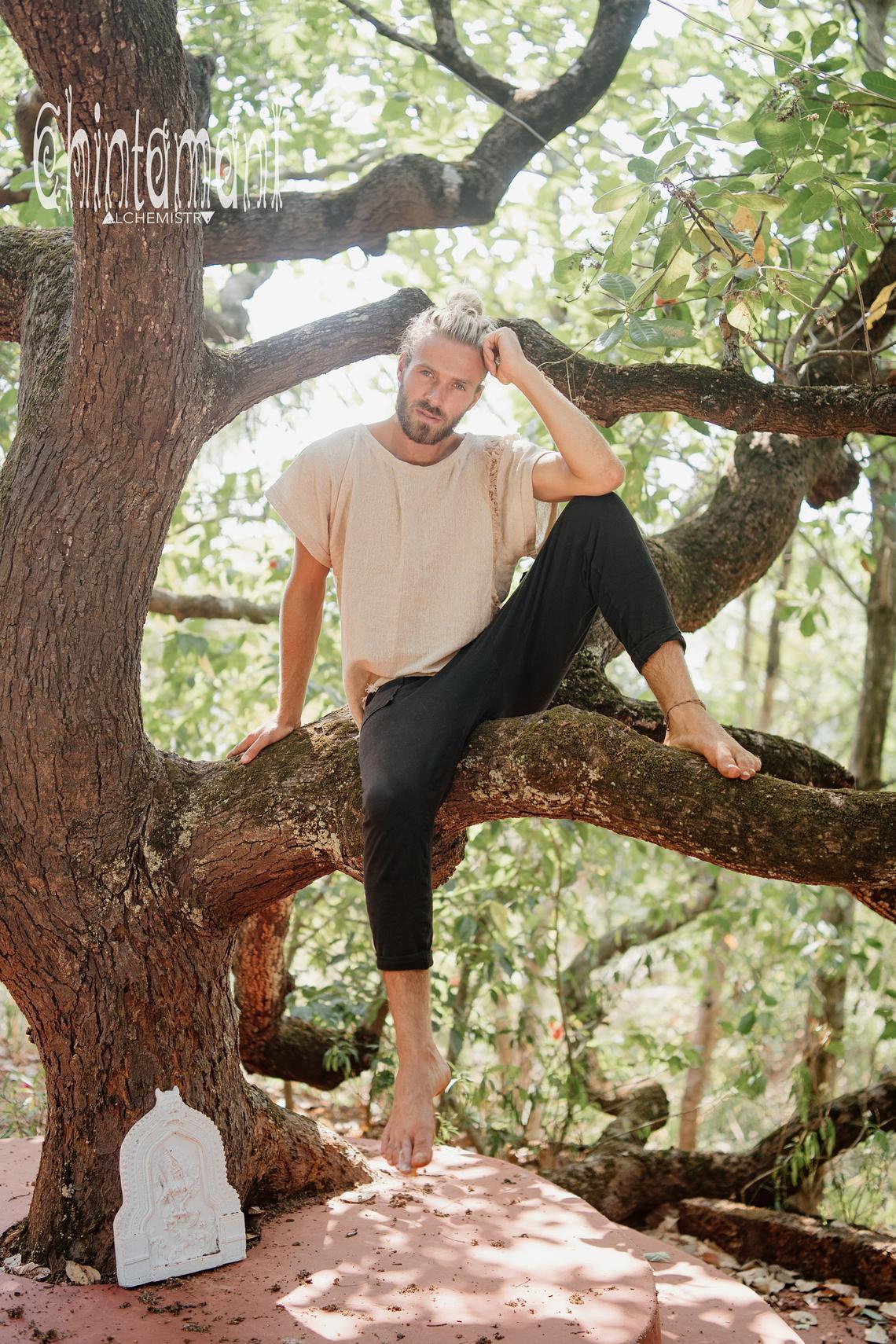 Raw Cotton T-Shirt for Men / Nomad Ripped Tee Shirt / Beige - ChintamaniAlchemi