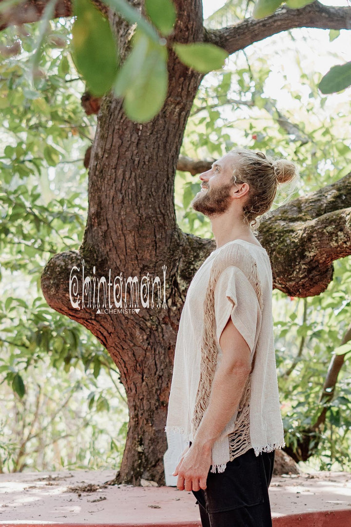 Raw Cotton T-Shirt for Men / Nomad Ripped Tee Shirt / Beige - ChintamaniAlchemi