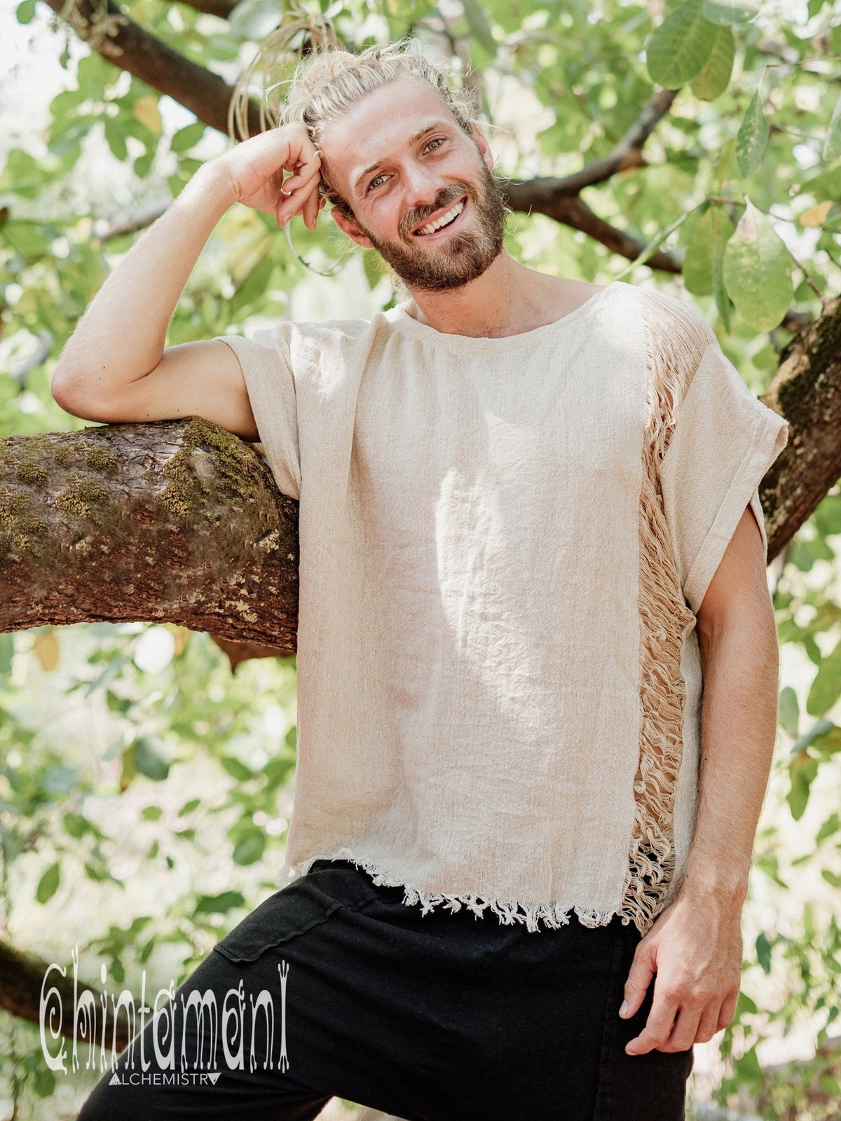 Raw Cotton T-Shirt for Men / Nomad Ripped Tee Shirt / Beige - ChintamaniAlchemi