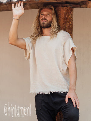Raw Cotton T-Shirt for Men / Nomad Ripped Tee Shirt / Off White - ChintamaniAlchemi