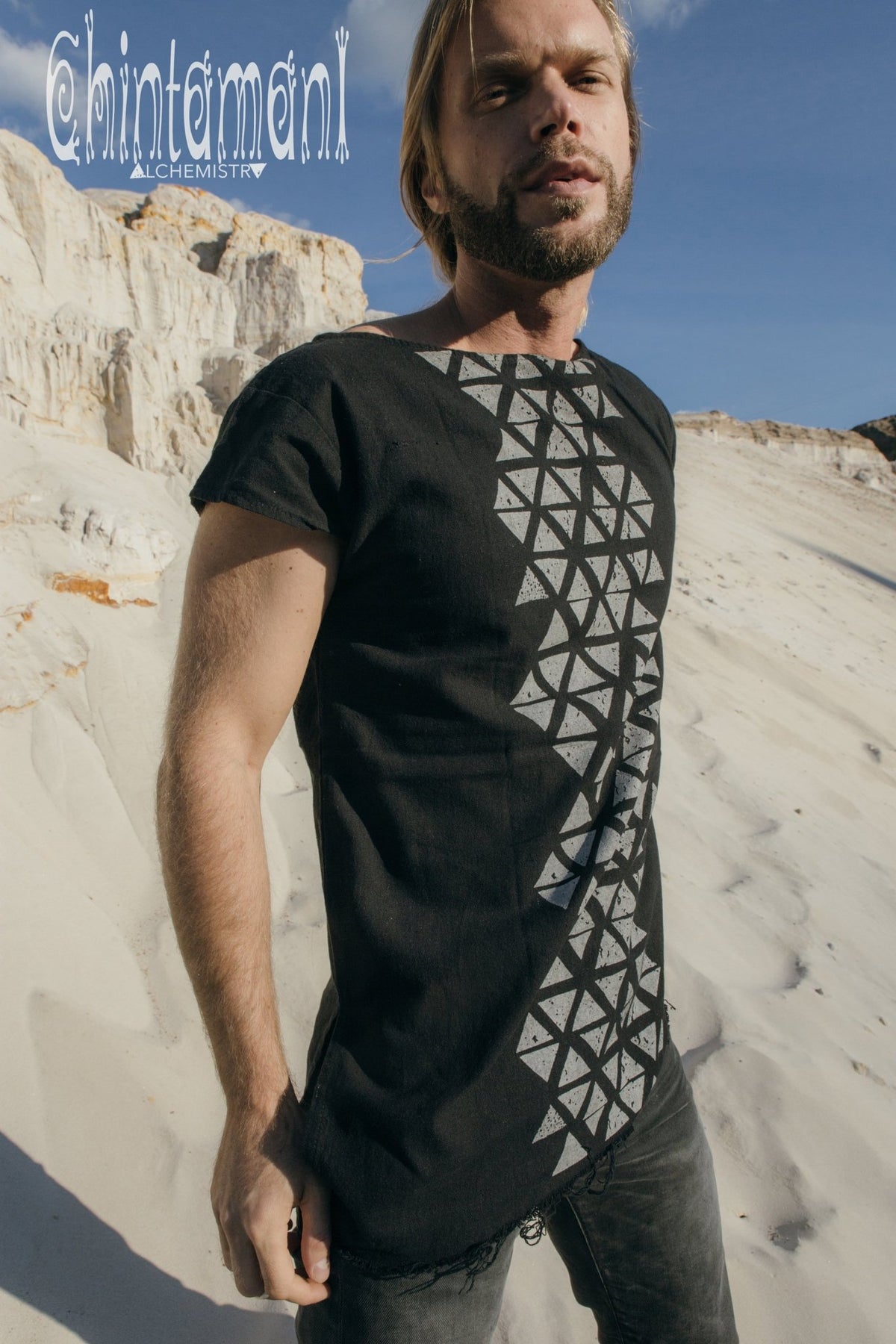 Raw Cotton Vegan Men T-shirt with Geometric Screen Print / Black - ChintamaniAlchemi