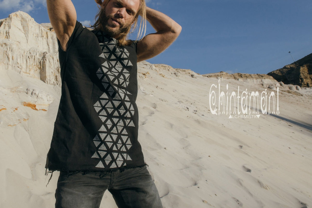 Raw Cotton Vegan Men T-shirt with Geometric Screen Print / Black - ChintamaniAlchemi