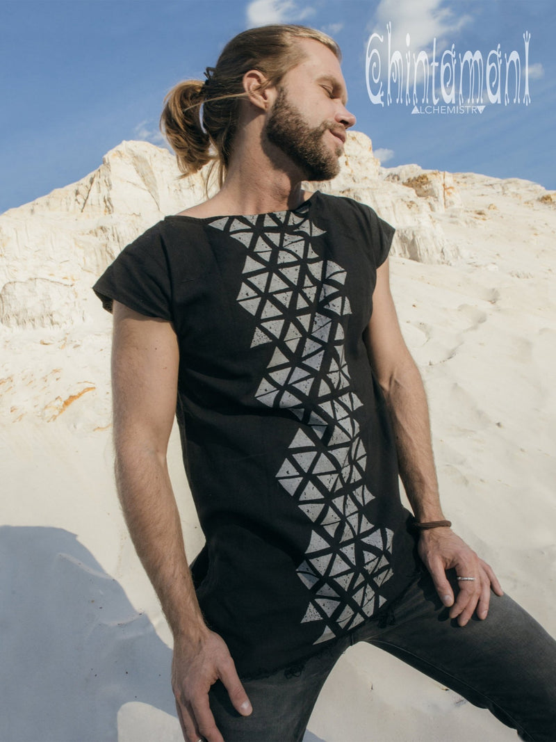 Raw Cotton Vegan Men T-shirt with Geometric Screen Print / Black - ChintamaniAlchemi