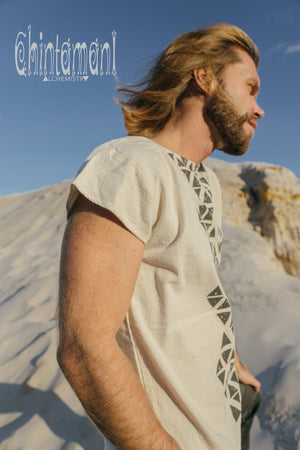 Raw Cotton Vegan Men T-shirt with Geometric Screen Print / Off White - ChintamaniAlchemi