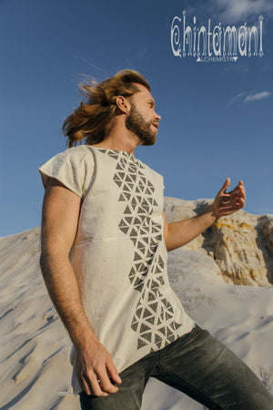 Raw Cotton Vegan Men T-shirt with Geometric Screen Print / Off White - ChintamaniAlchemi