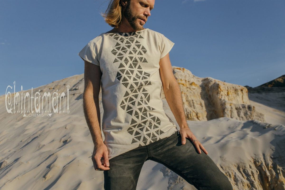 Raw Cotton Vegan Men T-shirt with Geometric Screen Print / Off White - ChintamaniAlchemi