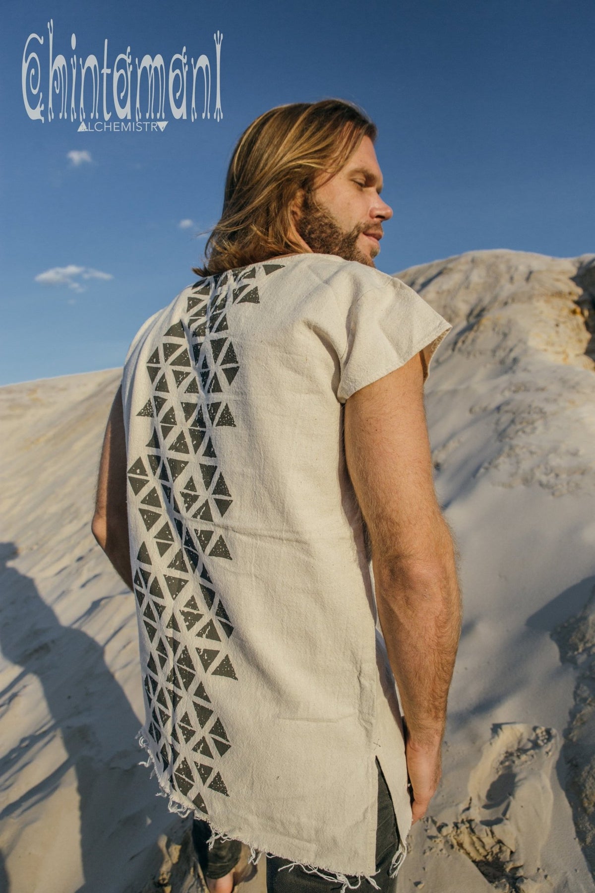 Raw Cotton Vegan Men T-shirt with Geometric Screen Print / Off White - ChintamaniAlchemi