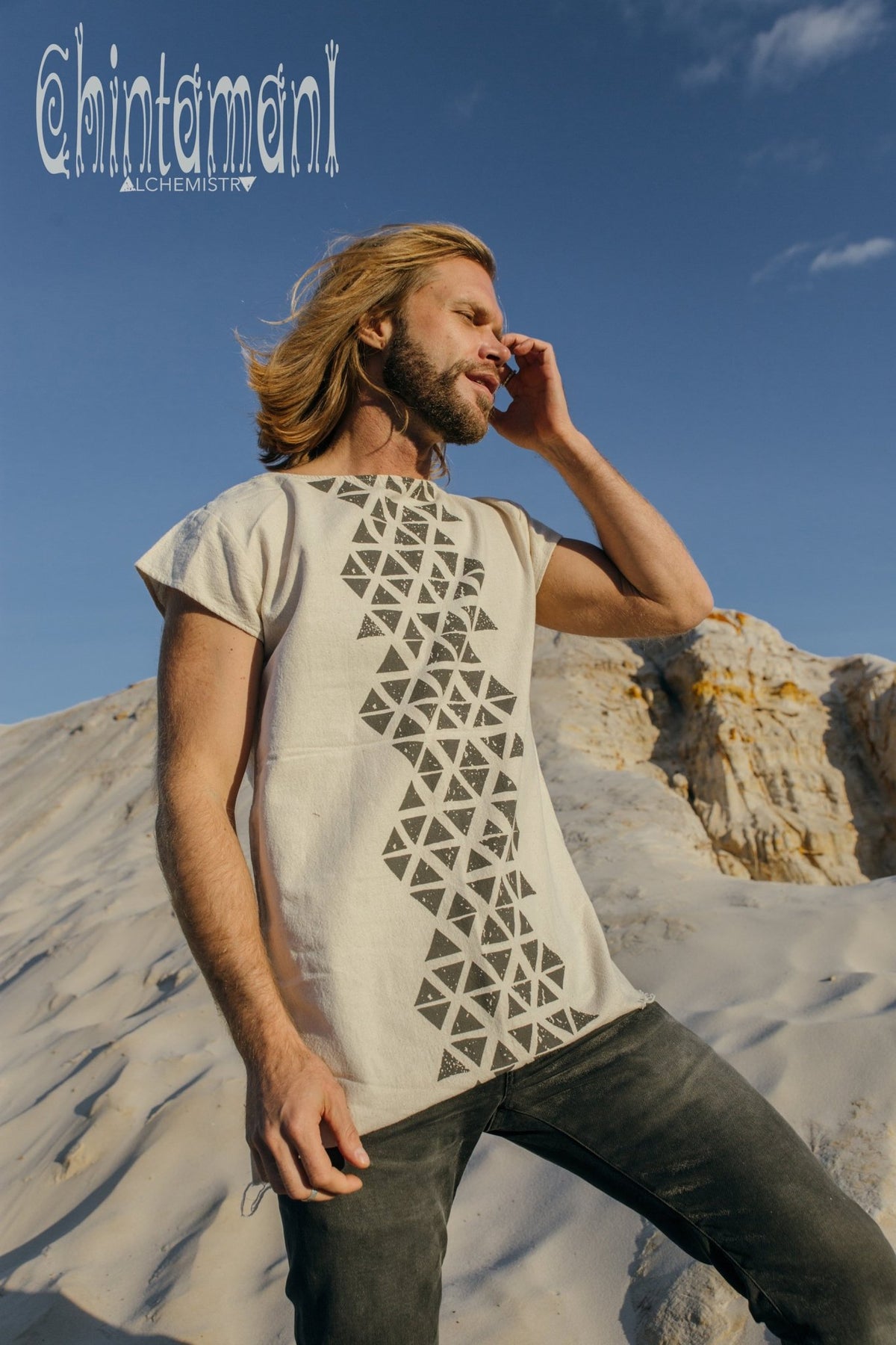 Raw Cotton Vegan Men T-shirt with Geometric Screen Print / Off White - ChintamaniAlchemi