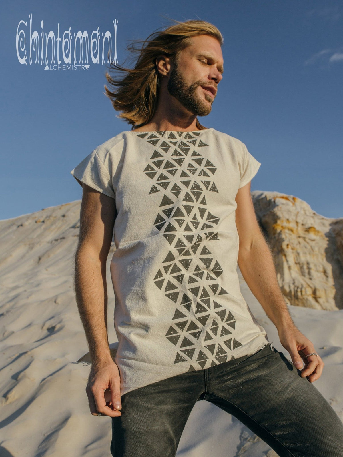 Raw Cotton Vegan Men T-shirt with Geometric Screen Print / Off White - ChintamaniAlchemi