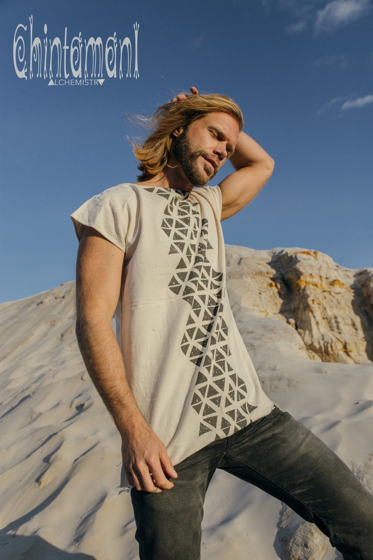 Raw Cotton Vegan Men T-shirt with Geometric Screen Print / Off White - ChintamaniAlchemi