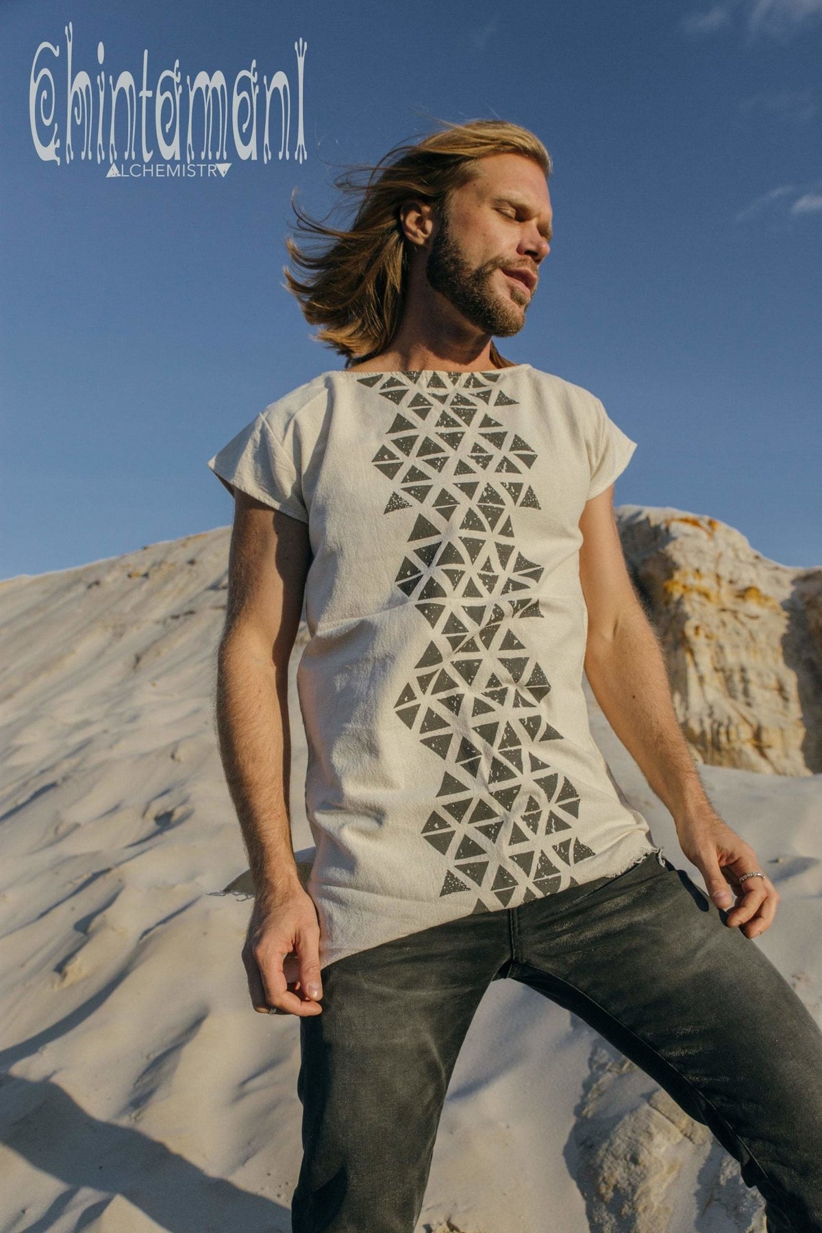 Raw Cotton Vegan Men T-shirt with Geometric Screen Print / Off White - ChintamaniAlchemi