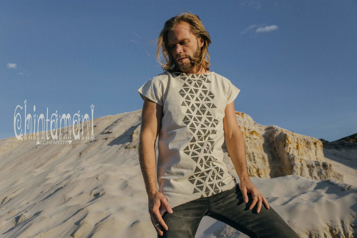 Raw Cotton Vegan Men T-shirt with Geometric Screen Print / Off White - ChintamaniAlchemi