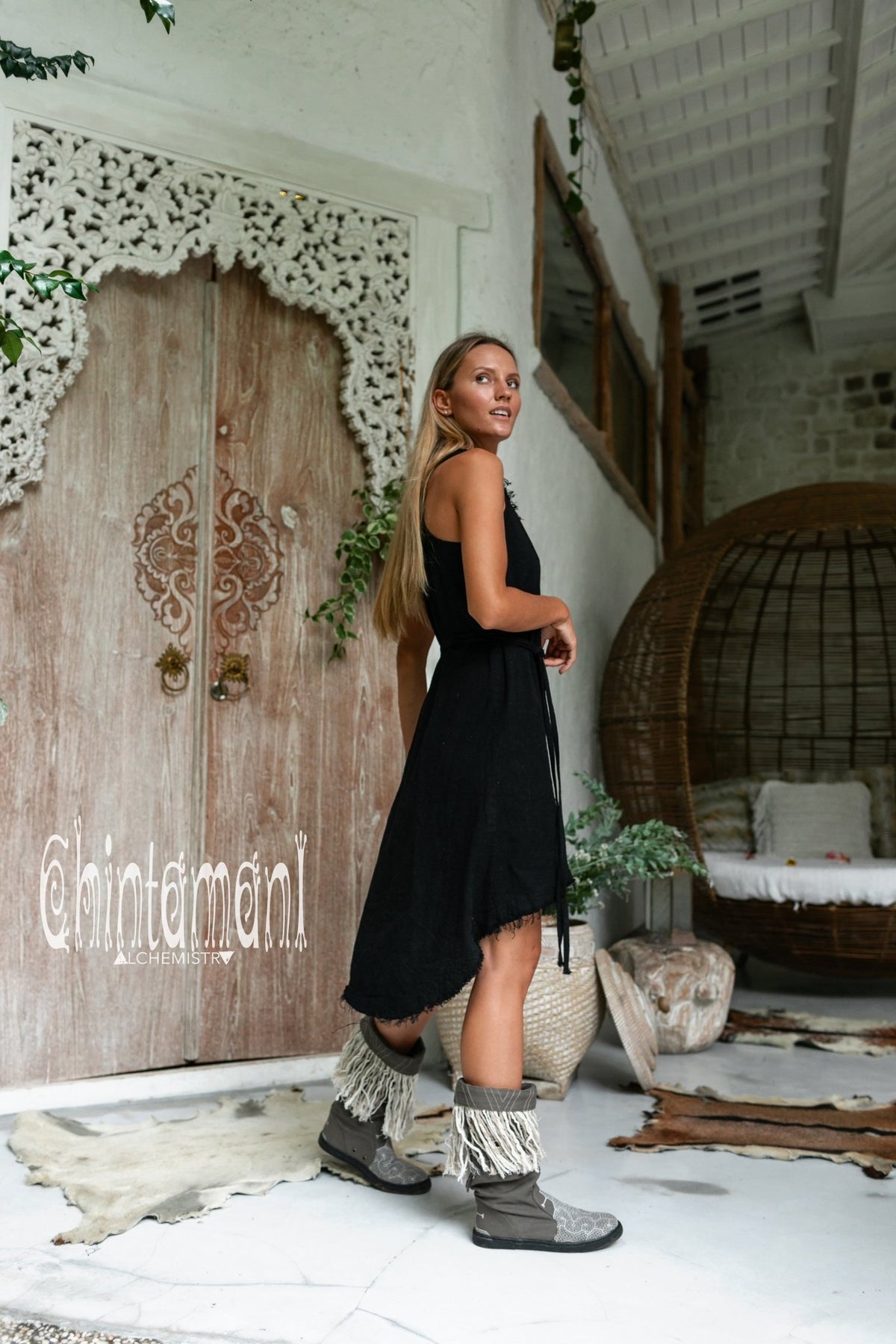 Rayon Linen Short Midi Dress / Black - ChintamaniAlchemi