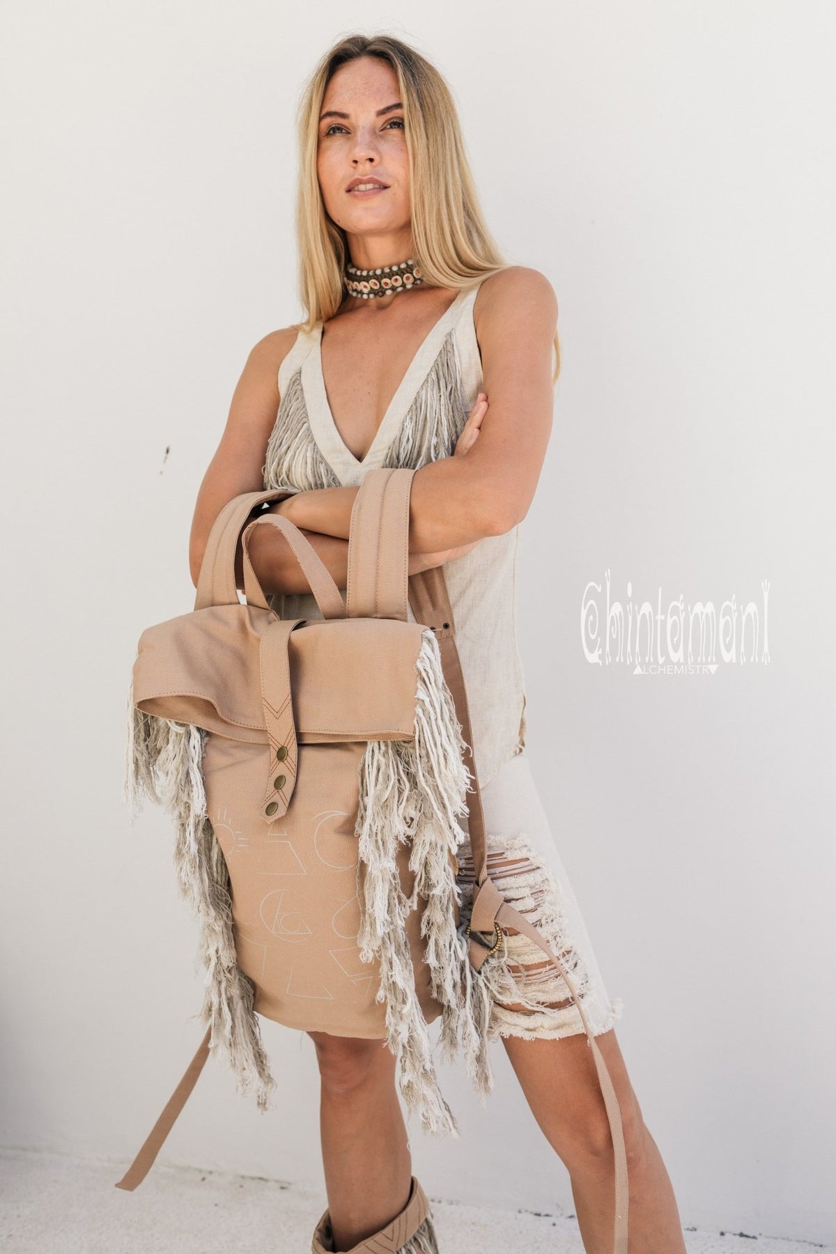 Rolltop Boho Canvas Backpack for Women with Linen Fringes ∆ Roll Top Laptop Backpack / Beige - ChintamaniAlchemi