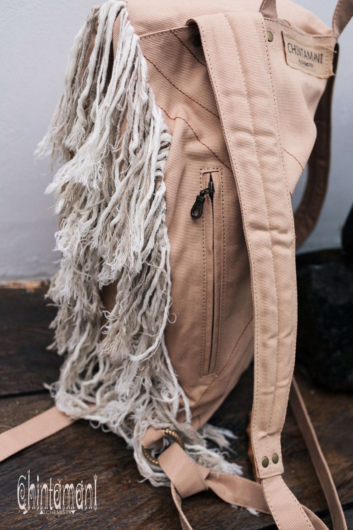 Rolltop Boho Canvas Backpack for Women with Linen Fringes ∆ Roll Top Laptop Backpack / Beige - ChintamaniAlchemi