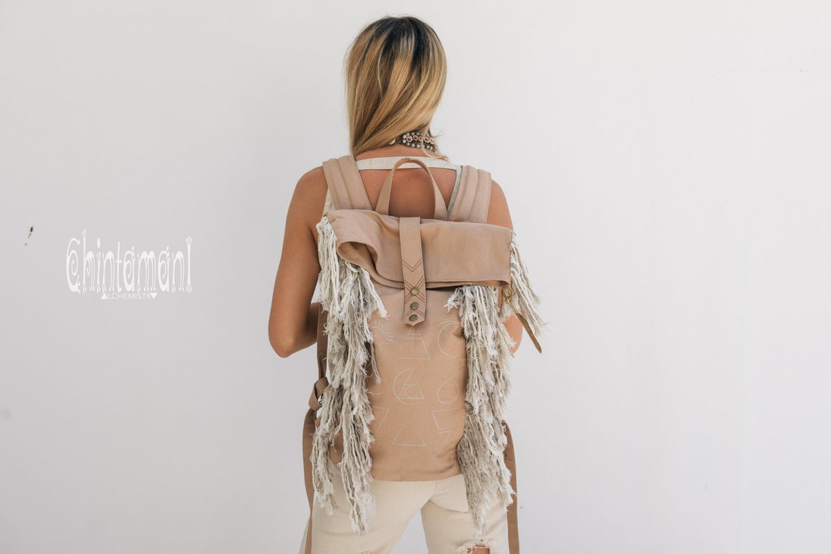 Rolltop Boho Canvas Backpack for Women with Linen Fringes ∆ Roll Top Laptop Backpack / Beige - ChintamaniAlchemi