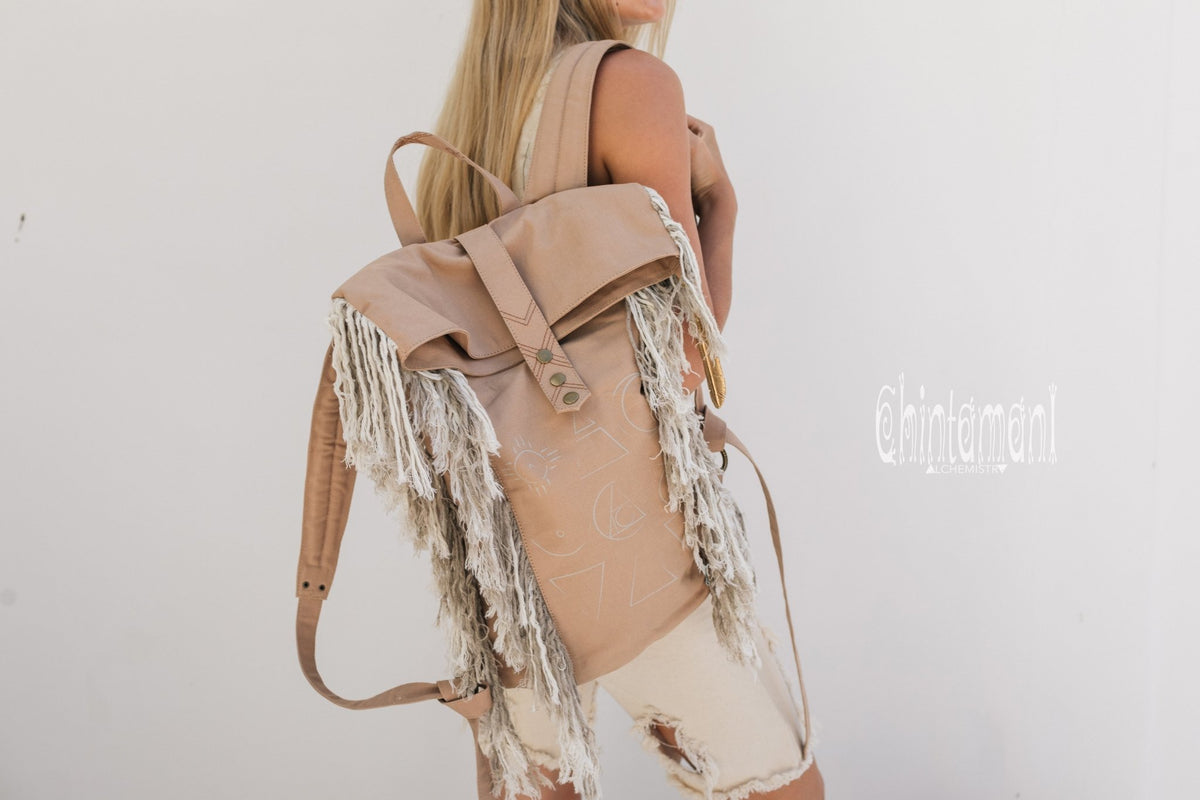 Rolltop Boho Canvas Backpack for Women with Linen Fringes ∆ Roll Top Laptop Backpack / Beige - ChintamaniAlchemi