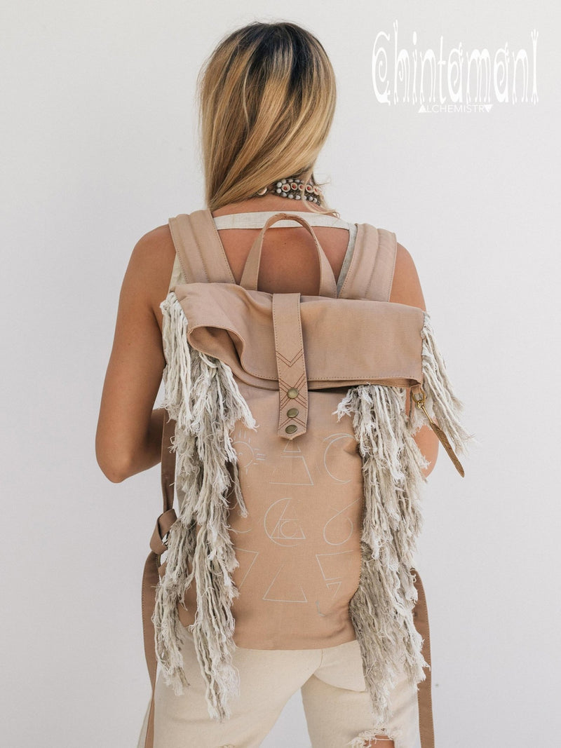 Rolltop Boho Canvas Backpack for Women with Linen Fringes ∆ Roll Top Laptop Backpack / Beige - ChintamaniAlchemi