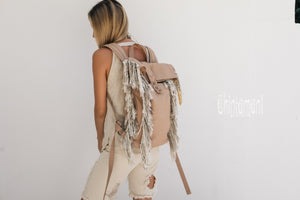 Rolltop Boho Canvas Backpack for Women with Linen Fringes ∆ Roll Top Laptop Backpack / Beige - ChintamaniAlchemi