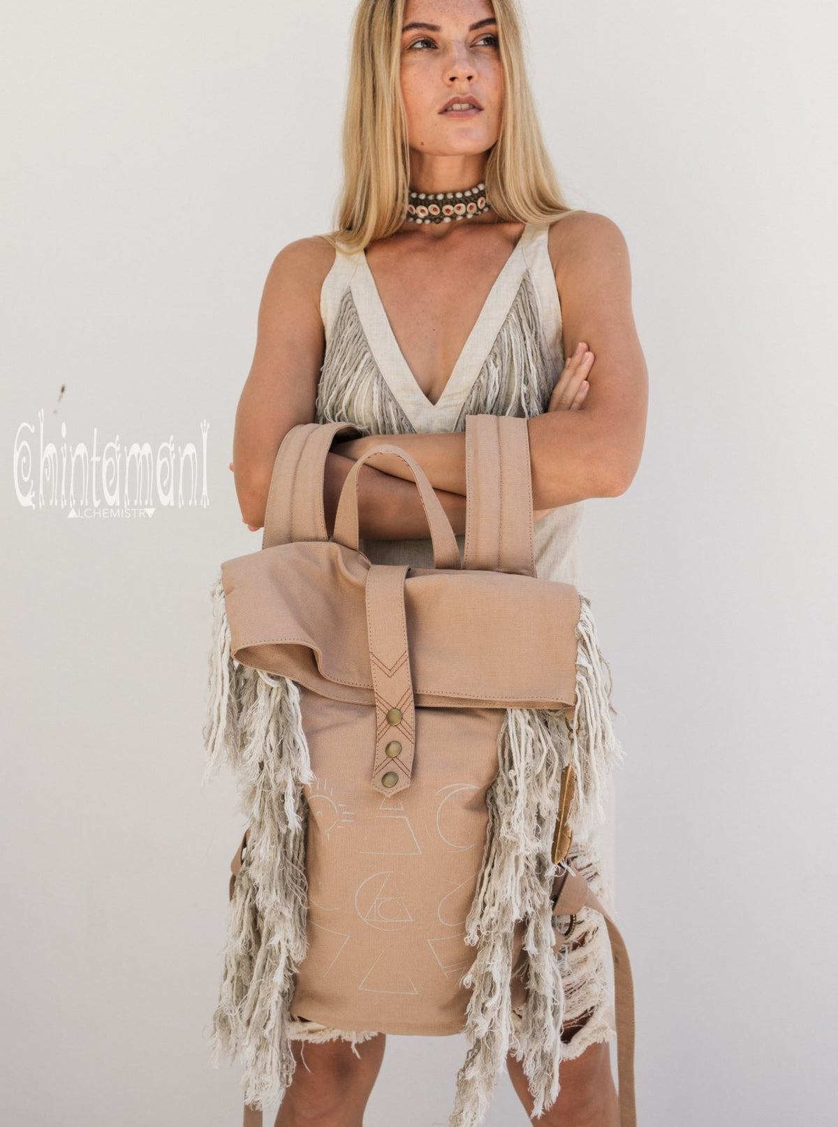 Rolltop Boho Canvas Backpack for Women with Linen Fringes ∆ Roll Top Laptop Backpack / Beige - ChintamaniAlchemi