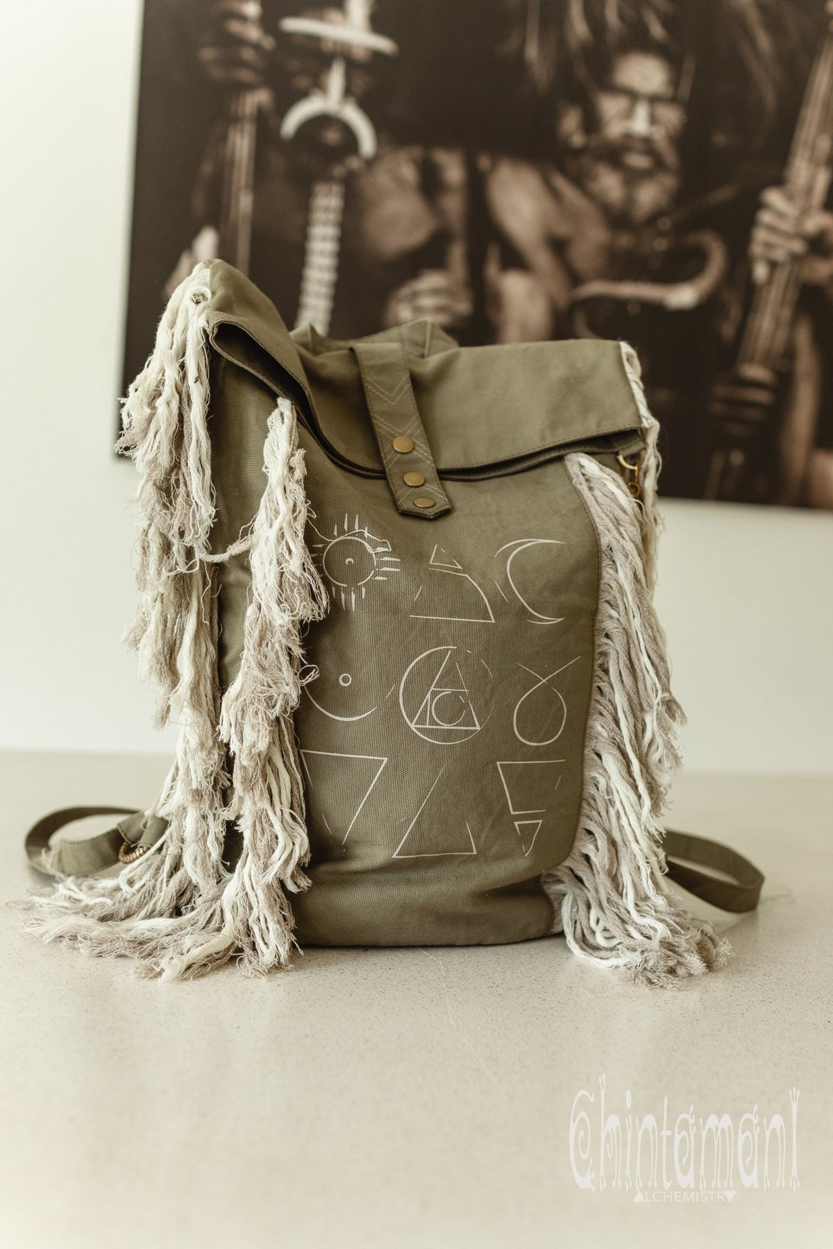 Rolltop Boho Canvas Backpack for Women with Linen Fringes ∆ Rolltop Laptop Backpack / Army Green - ChintamaniAlchemi