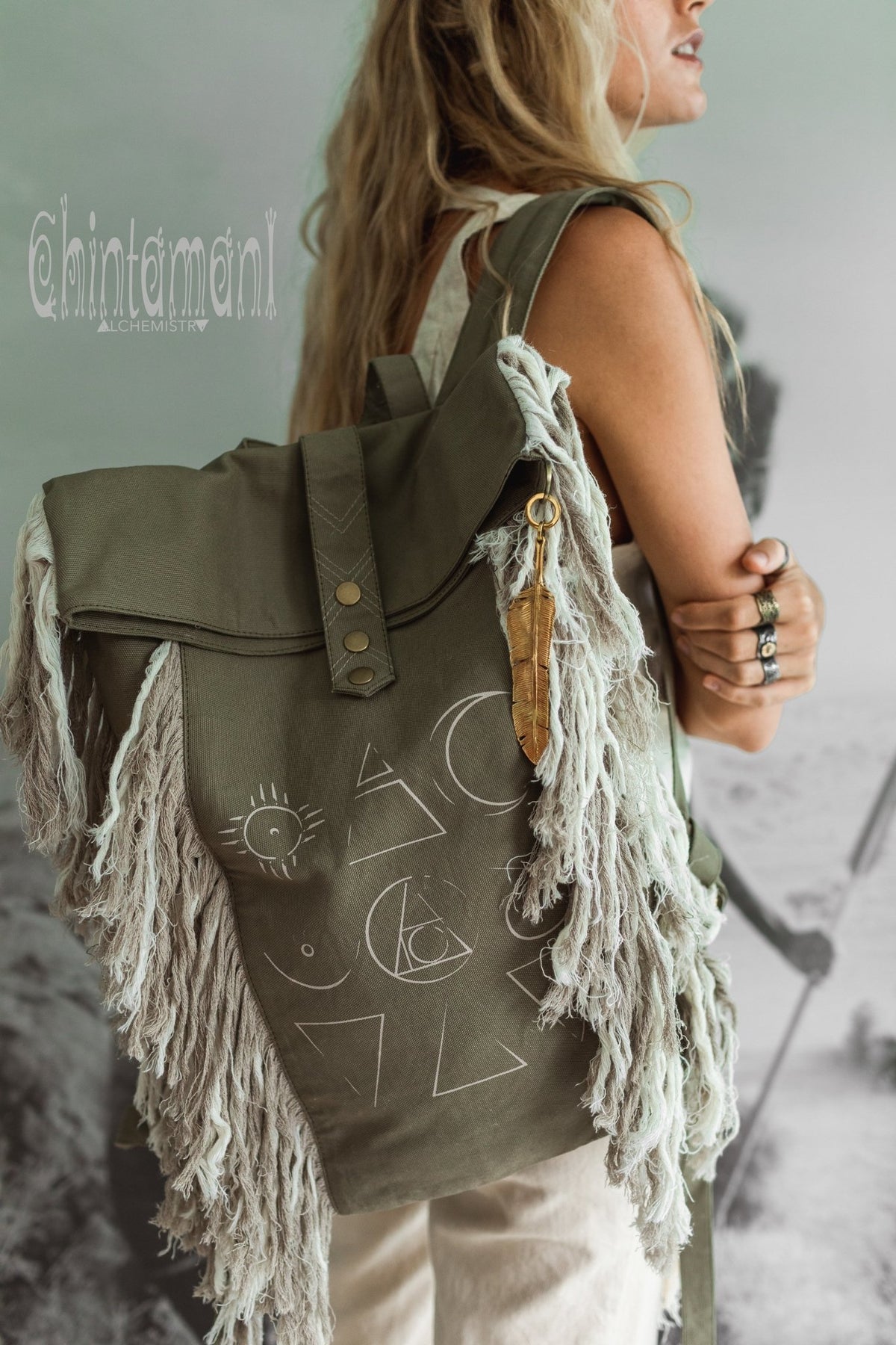 Rolltop Boho Canvas Backpack for Women with Linen Fringes ∆ Rolltop Laptop Backpack / Army Green - ChintamaniAlchemi