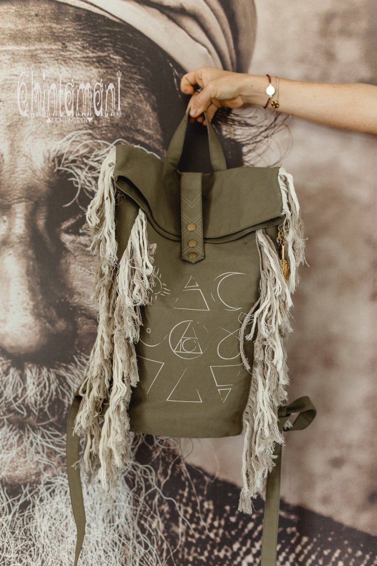 Rolltop Boho Canvas Backpack for Women with Linen Fringes ∆ Rolltop Laptop Backpack / Army Green - ChintamaniAlchemi