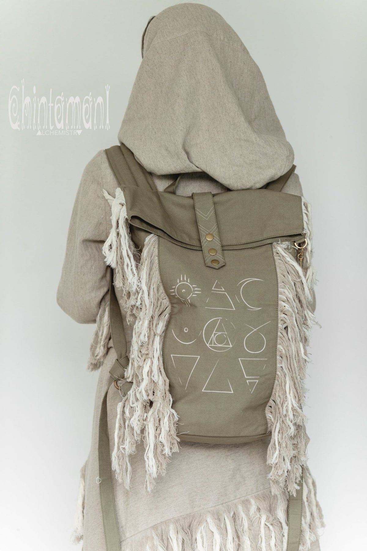 Rolltop Boho Canvas Backpack for Women with Linen Fringes ∆ Rolltop Laptop Backpack / Army Green - ChintamaniAlchemi