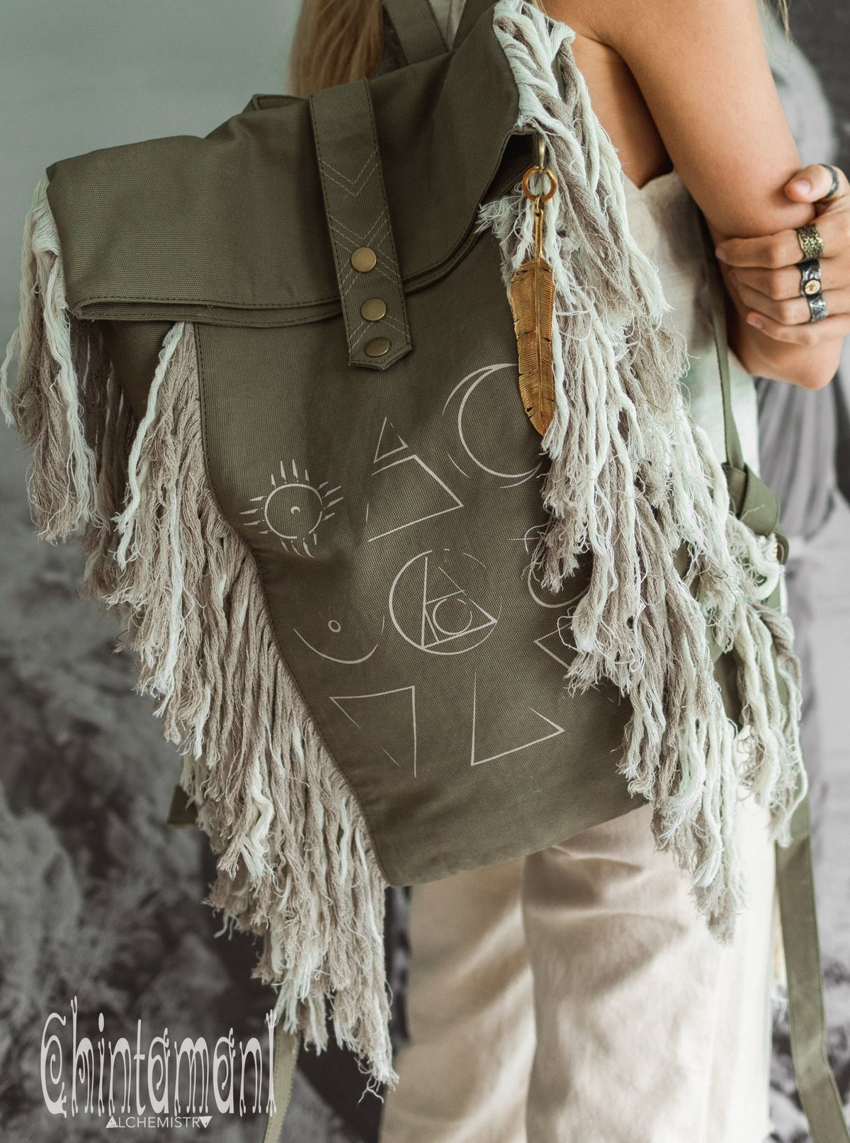 Rolltop Boho Canvas Backpack for Women with Linen Fringes ∆ Rolltop Laptop Backpack / Army Green - ChintamaniAlchemi