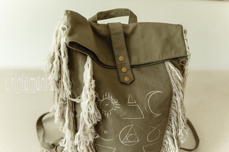 Rolltop Boho Canvas Backpack for Women with Linen Fringes ∆ Rolltop Laptop Backpack / Army Green - ChintamaniAlchemi