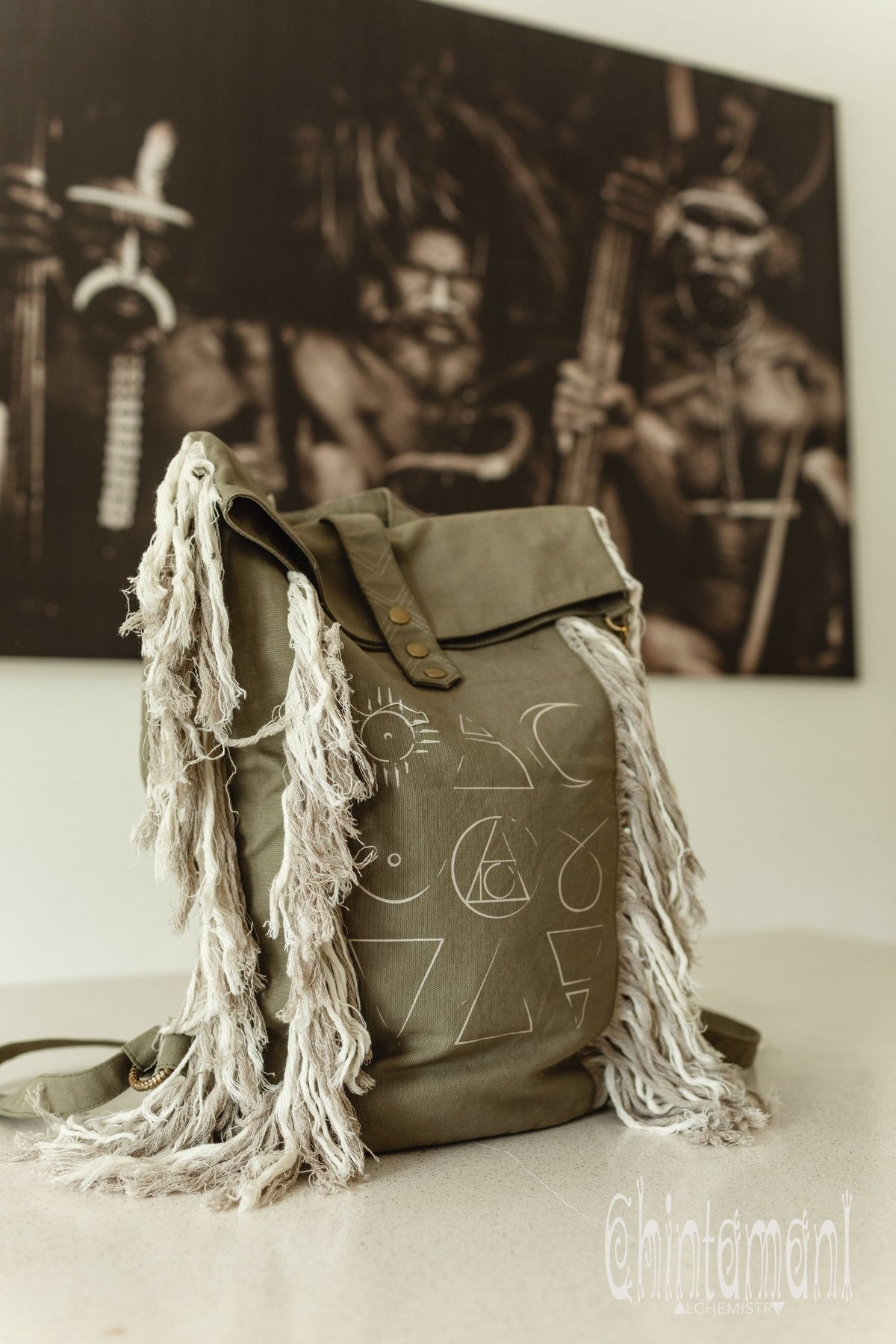 Rolltop Boho Canvas Backpack for Women with Linen Fringes ∆ Rolltop Laptop Backpack / Army Green - ChintamaniAlchemi