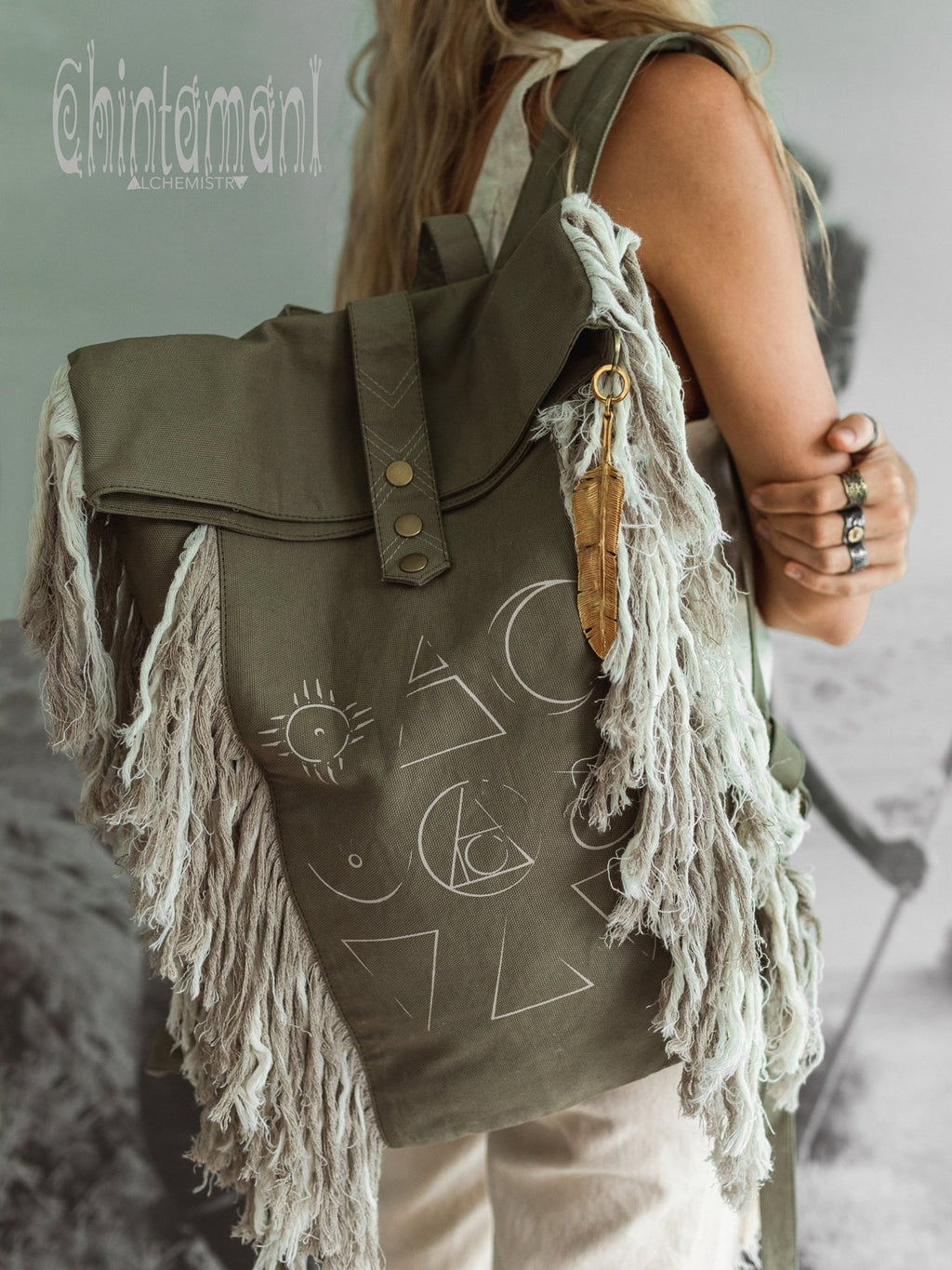 Rolltop Boho Canvas Backpack for Women with Linen Fringes ∆ Rolltop Laptop Backpack / Army Green - ChintamaniAlchemi