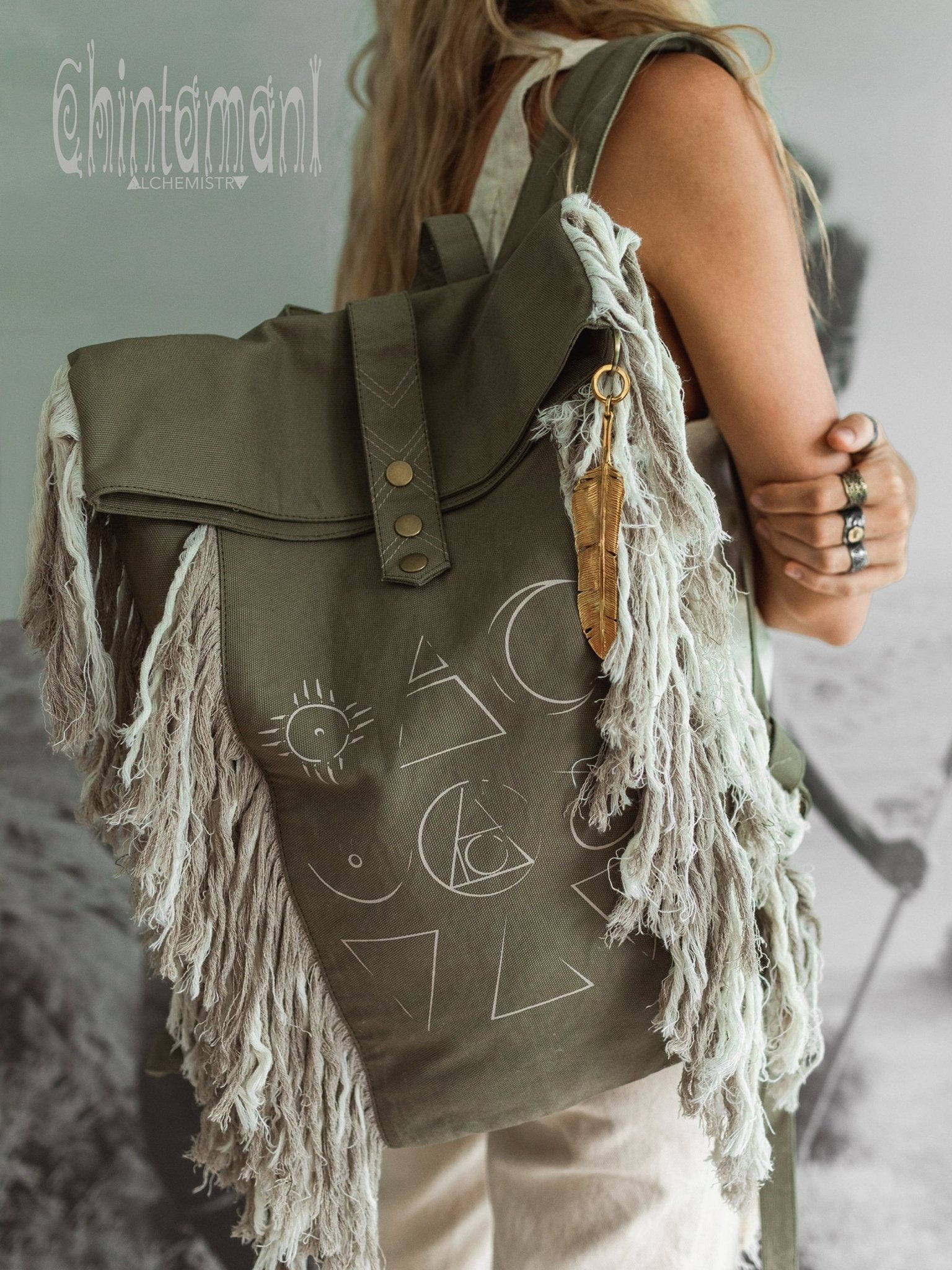 Rolltop Boho Canvas Backpack for Women with Linen Fringes Rolltop La ChintamaniAlchemi